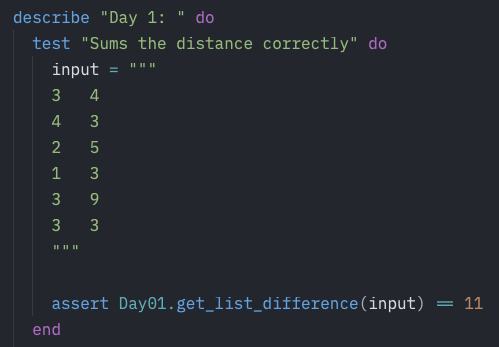 Advent of Code example showing input and expected output